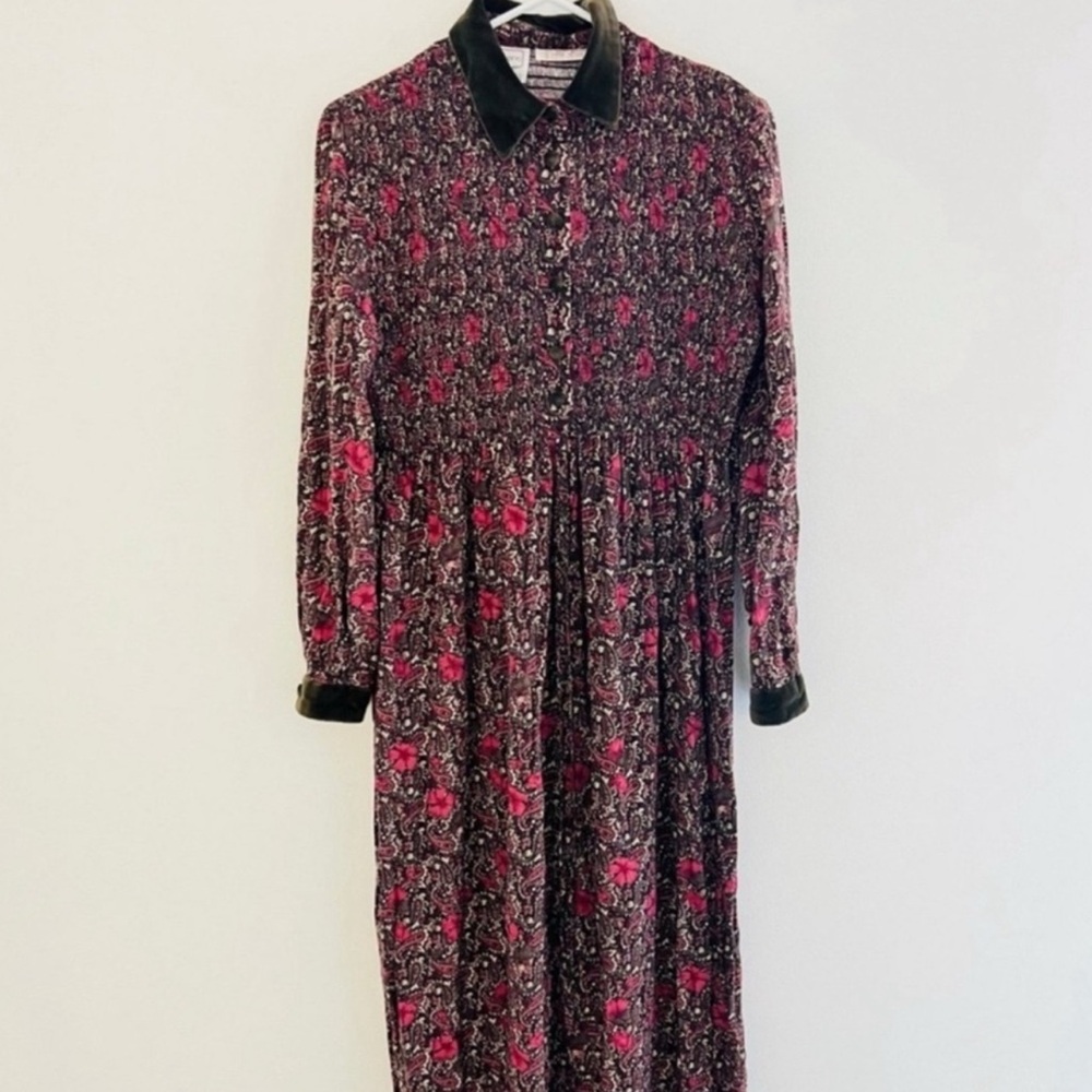 Vintage 80s Karin Stevens Brown Pink Floral Paisley Long Sleeve Midi Dress 8 - Picture 2 of 6
